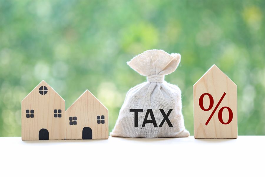 Häuschen und Beute mit Aufschrift Tax